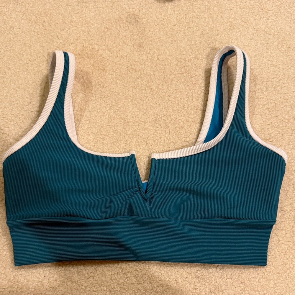 Teal Ribbed V-Neck Bikini Top with White Trim